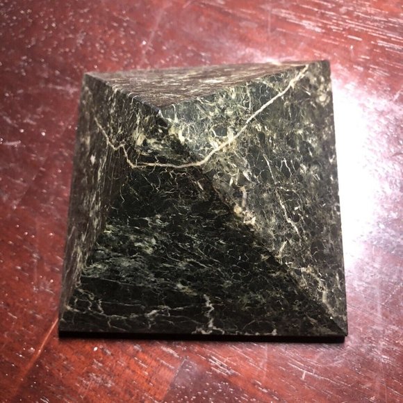 Decorative Marbled Stone Pyramid in Hues of Dark Green, Grey, & White - Picture 6 of 6